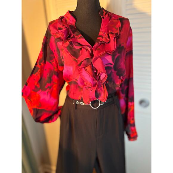 ANN KLEIN Red Floral Print Button
Down Blouse with Ruffles - Picture 1 of 8